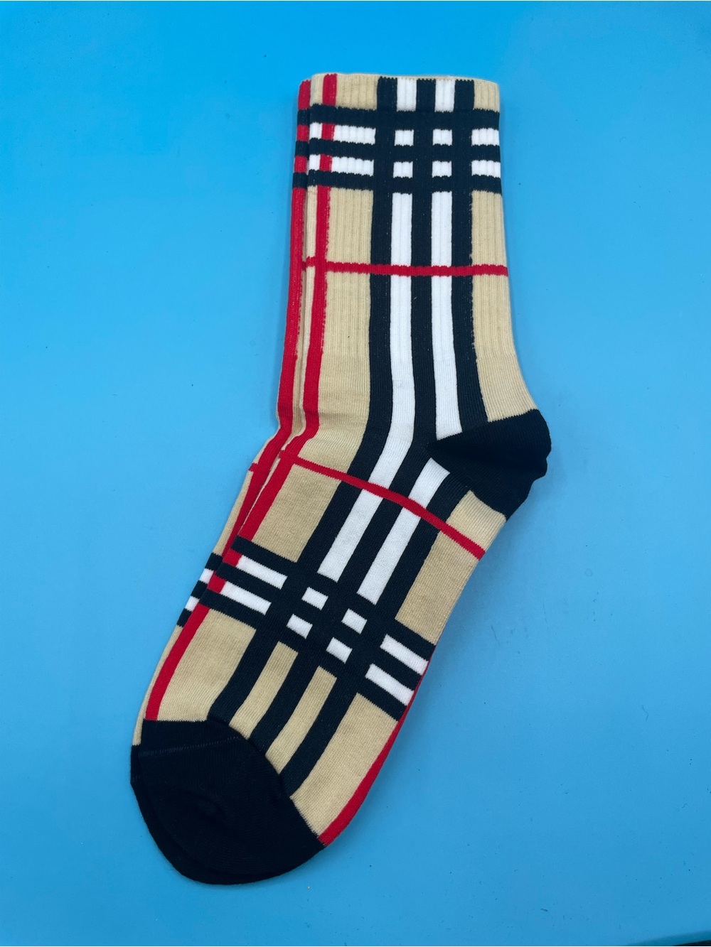 3 Pack Burberry Tan Plaid Crew Socks with Black, White & Red Trim - Picture 2 of 3